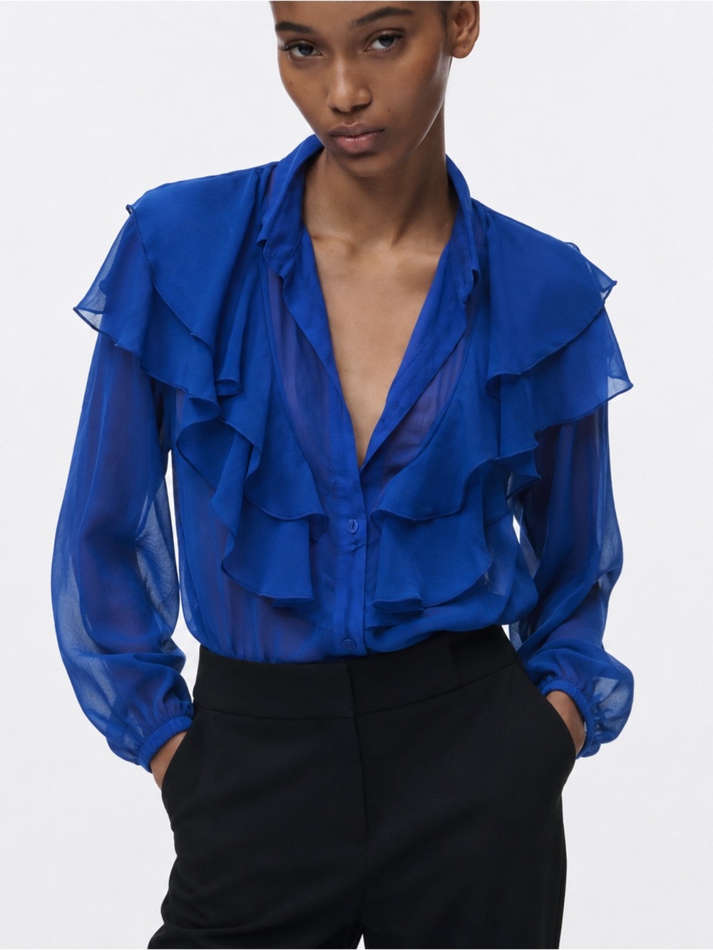 Zara Vibrant Blue Sheer Ruffle Blouse